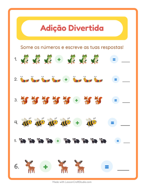 Pré-visualização da ficha de Adição com Criaturas da floresta para Educação infantil (pré-escola, 5-7 anos)