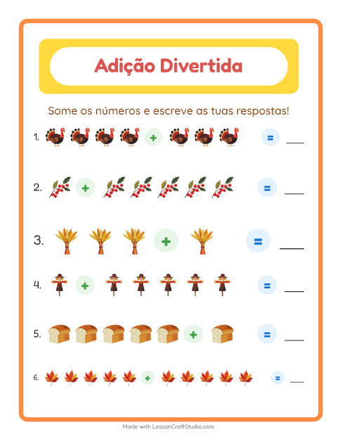 Pré-visualização da ficha de Adição com Dia de Ação de Graças para Educação infantil (pré-escola, 5-7 anos)