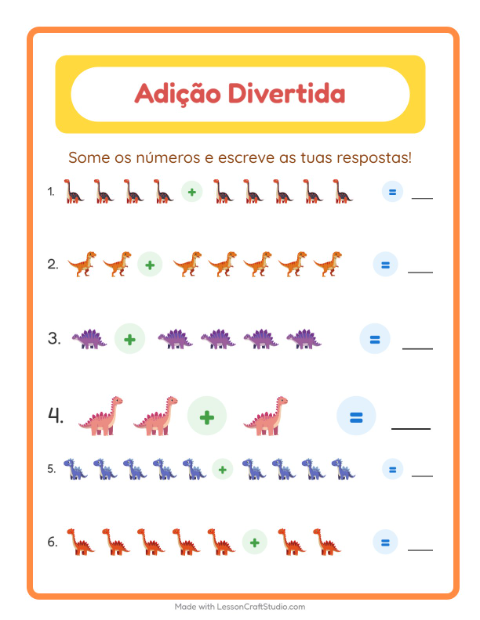 Pré-visualização da ficha de Adição com Dinossauros para Educação infantil (pré-escola, 5-7 anos)