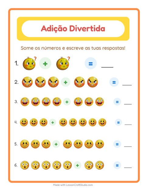 Pré-visualização da ficha de Adição com Emoções para Educação infantil (pré-escola, 5-7 anos)
