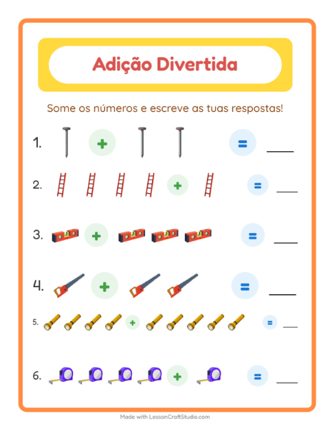 Pré-visualização da ficha de Adição com Ferramentas para Educação infantil (pré-escola, 5-7 anos)
