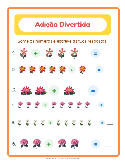 Pré-visualização da ficha de Adição com Flores para Educação infantil (pré-escola, 5-7 anos)