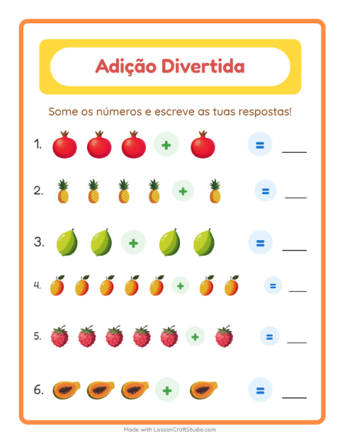 Pré-visualização da ficha de Adição com Frutas para Educação infantil (pré-escola, 5-7 anos)