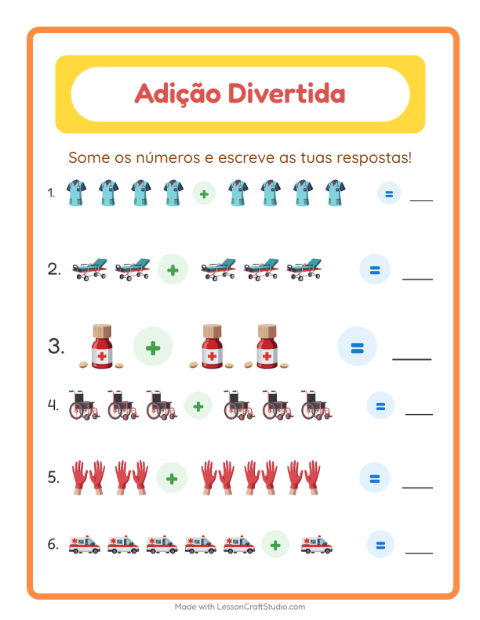 Pré-visualização da ficha de Adição com Hospital para Educação infantil (pré-escola, 5-7 anos)