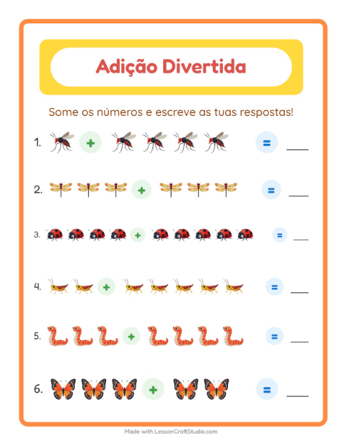 Pré-visualização da ficha de Adição com Insetos e bichos para Educação infantil (pré-escola, 5-7 anos)