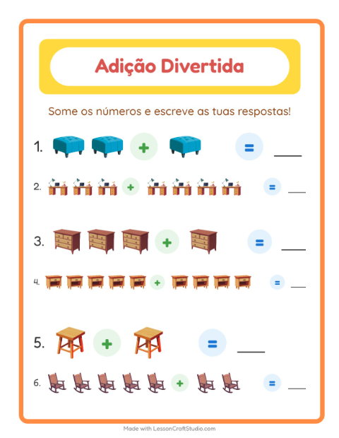 Pré-visualização da ficha de Adição com Móveis para Educação infantil (pré-escola, 5-7 anos)