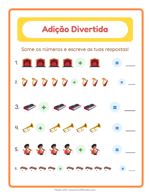 Pré-visualização da ficha de Adição com Música para Educação infantil (pré-escola, 5-7 anos)