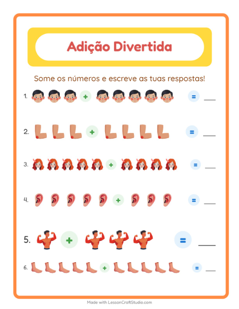 Pré-visualização da ficha de Adição com Partes do corpo para Educação infantil (pré-escola, 5-7 anos)