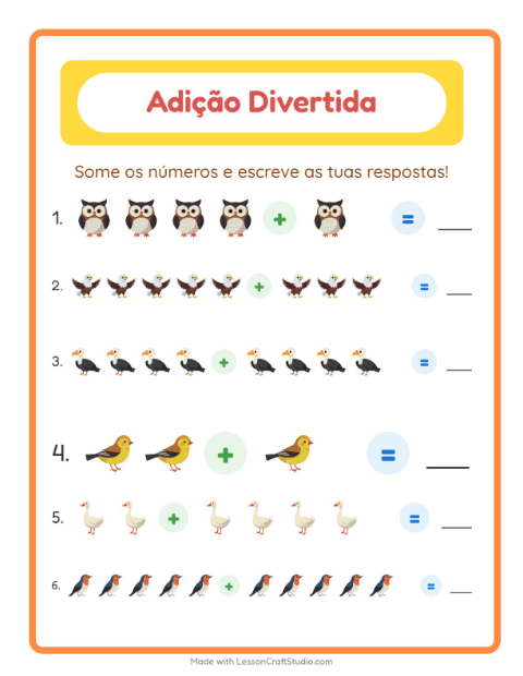 Pré-visualização da ficha de Adição com Pássaros 2 para Educação infantil (pré-escola, 5-7 anos)