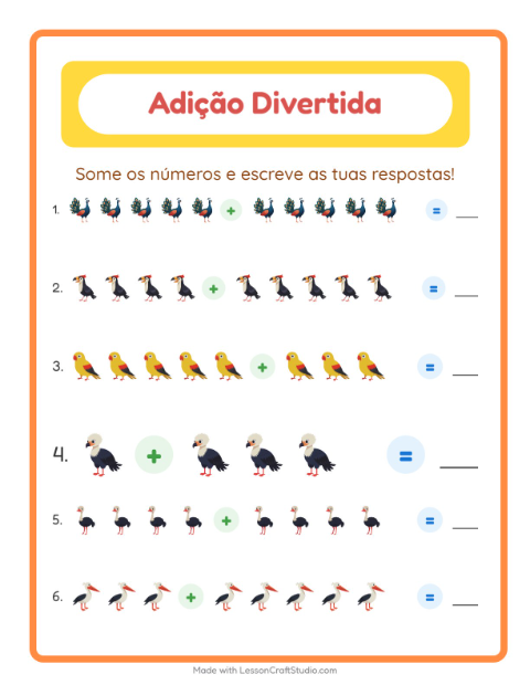 Pré-visualização da ficha de Adição com Pássaros para Educação infantil (pré-escola, 5-7 anos)