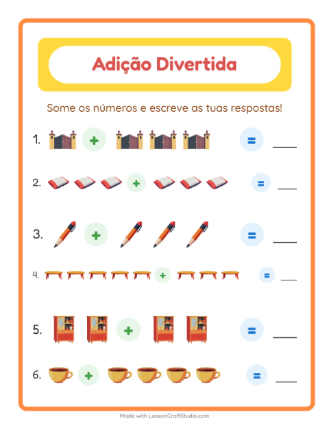 Pré-visualização da ficha de Adição com Pela casa para Educação infantil (pré-escola, 5-7 anos)