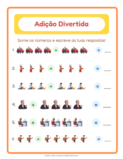 Pré-visualização da ficha de Adição com Profissões para Educação infantil (pré-escola, 5-7 anos)