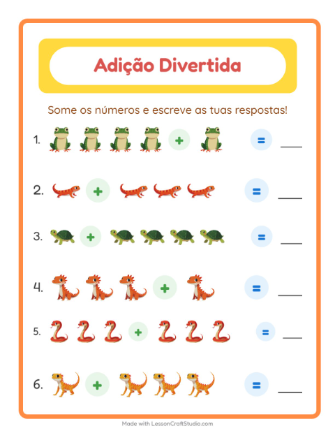 Pré-visualização da ficha de Adição com Répteis e anfíbios para Educação infantil (pré-escola, 5-7 anos)