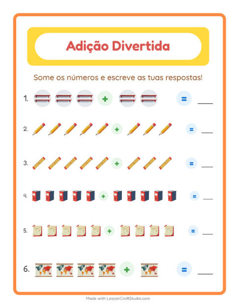 Pré-visualização da ficha de Adição com Sala de aula para Educação infantil (pré-escola, 5-7 anos)