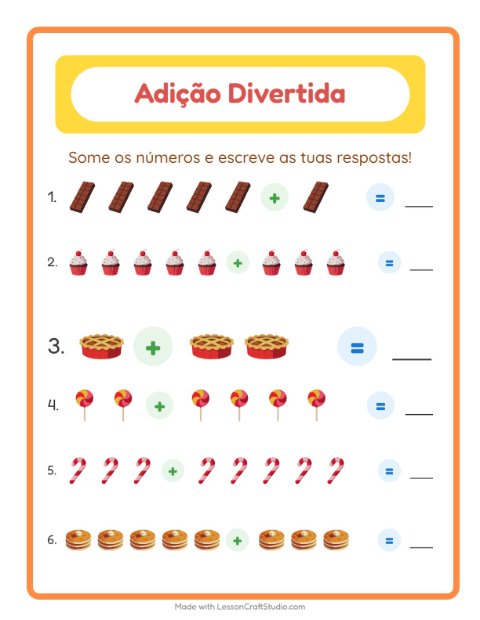 Pré-visualização da ficha de Adição com Sobremesas e doces para Educação infantil (pré-escola, 5-7 anos)