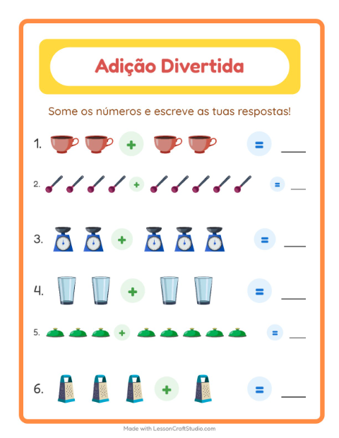 Pré-visualização da ficha de Adição com Utensílios de cozinha para Educação infantil (pré-escola, 5-7 anos)