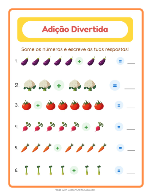 Pré-visualização da ficha de Adição com Vegetais para Educação infantil (pré-escola, 5-7 anos)