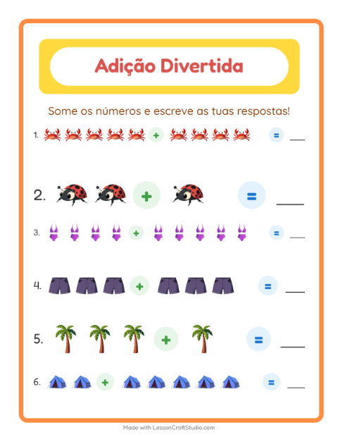 Pré-visualização da ficha de Adição com Verão para Educação infantil (pré-escola, 5-7 anos)