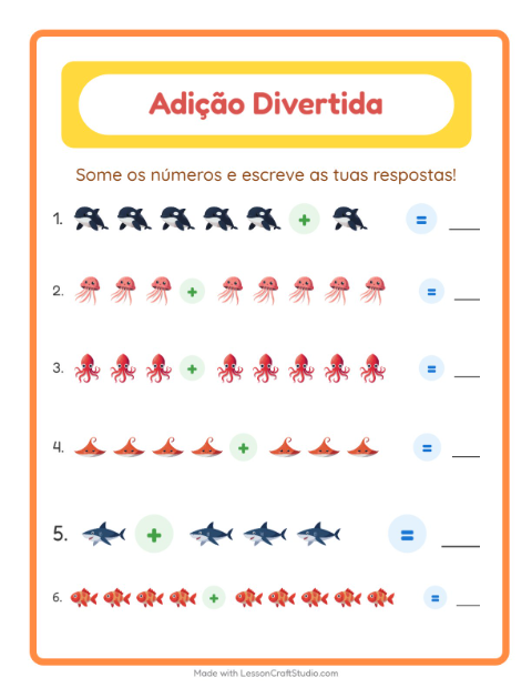 Pré-visualização da ficha de Adição com Vida marinha para Educação infantil (pré-escola, 5-7 anos)