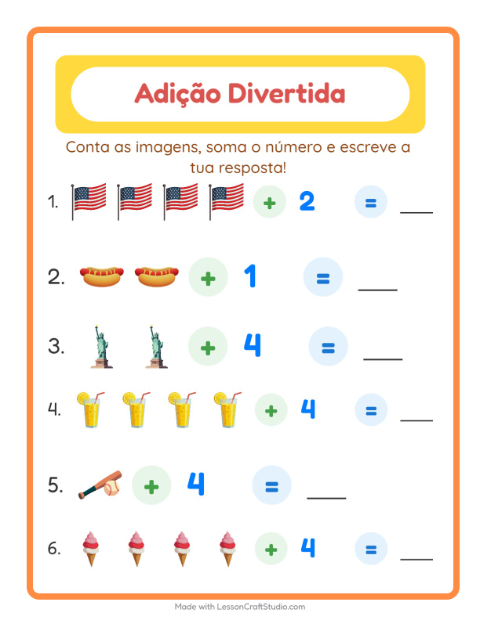 Pré-visualização da ficha de Adição com 4 de Julho para Educação infantil (pré-escola, 5-7 anos)
