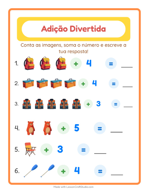 Pré-visualização da ficha de Adição com Acampamento para Educação infantil (pré-escola, 5-7 anos)