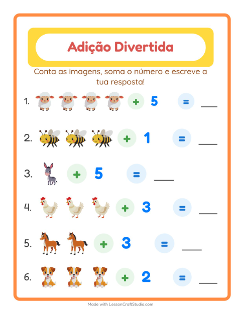 Pré-visualização da ficha de Adição com Animais da fazenda para Educação infantil (pré-escola, 5-7 anos)