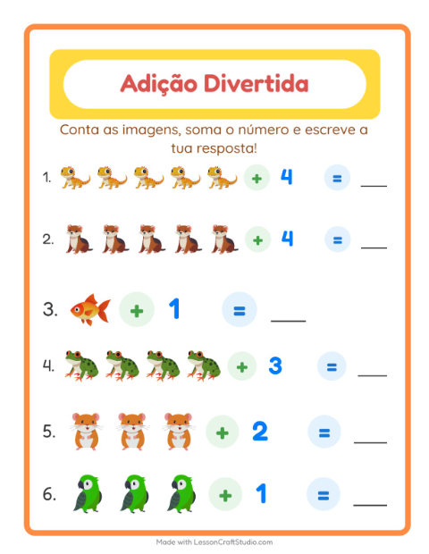 Pré-visualização da ficha de Adição com Animais de estimação para Educação infantil (pré-escola, 5-7 anos)