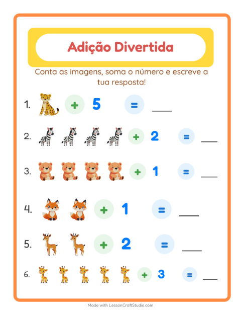 Pré-visualização da ficha de Adição com Animais do zoológico para Educação infantil (pré-escola, 5-7 anos)