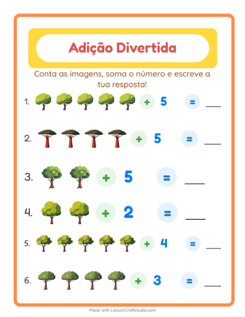 Prévia: Adição imagem mais número até 20 com Árvores – atividade para o 1º ano