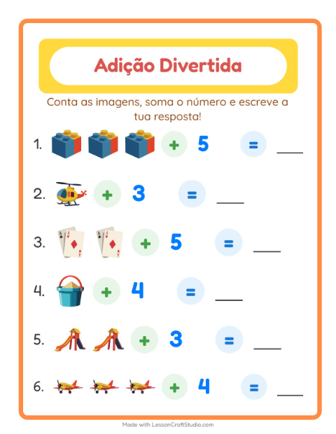 Pré-visualização da ficha de Adição com Brinquedos para Educação infantil (pré-escola, 5-7 anos)