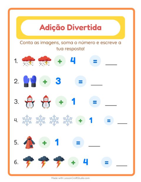 Pré-visualização da ficha de Adição com Clima para Educação infantil (pré-escola, 5-7 anos)