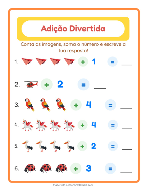 Pré-visualização da ficha de Adição com Coisas que voam para Educação infantil (pré-escola, 5-7 anos)
