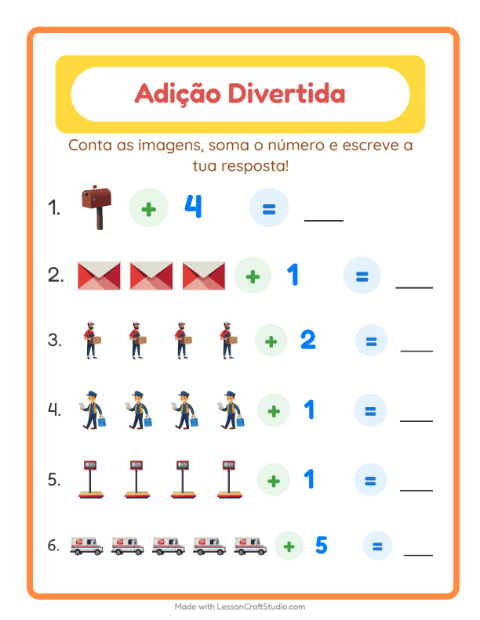 Pré-visualização da ficha de Adição com Correios para Educação infantil (pré-escola, 5-7 anos)