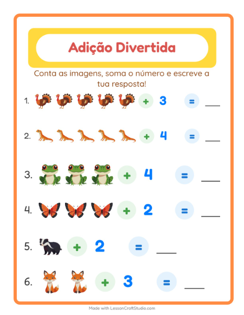 Pré-visualização da ficha de Adição com Criaturas da floresta para Educação infantil (pré-escola, 5-7 anos)