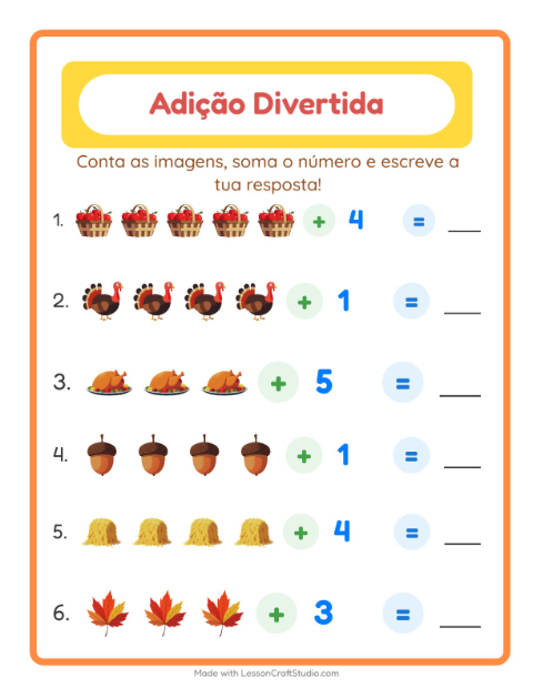 Pré-visualização da ficha de Adição com Dia de Ação de Graças para Educação infantil (pré-escola, 5-7 anos)