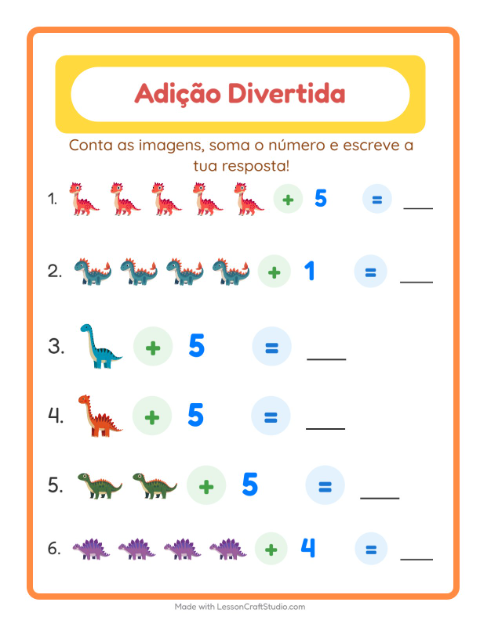 Pré-visualização da ficha de Adição com Dinossauros para Educação infantil (pré-escola, 5-7 anos)