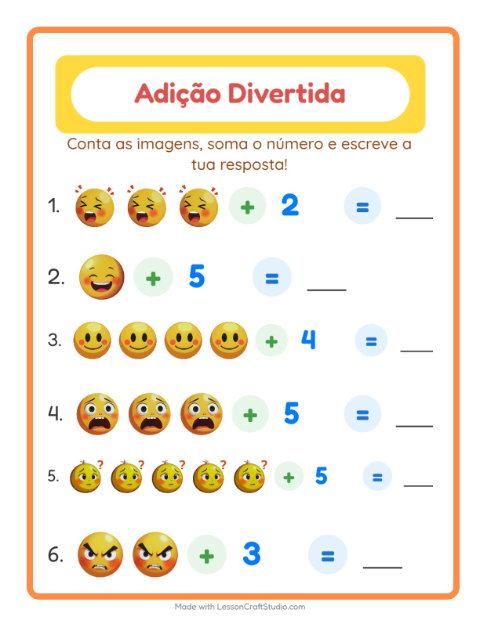 Pré-visualização da ficha de Adição com Emoções para Educação infantil (pré-escola, 5-7 anos)