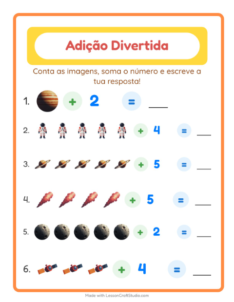 Pré-visualização da ficha de Adição com Espaço para Educação infantil (pré-escola, 5-7 anos)