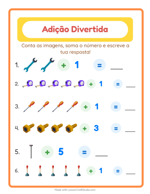 Pré-visualização da ficha de Adição com Ferramentas para Educação infantil (pré-escola, 5-7 anos)