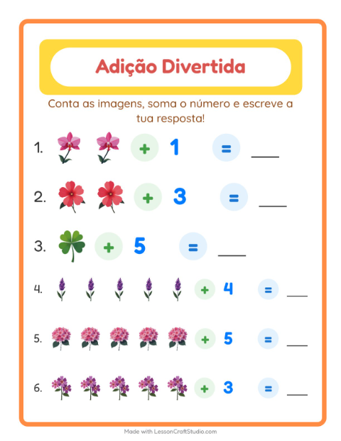 Pré-visualização da ficha de Adição com Flores para Educação infantil (pré-escola, 5-7 anos)
