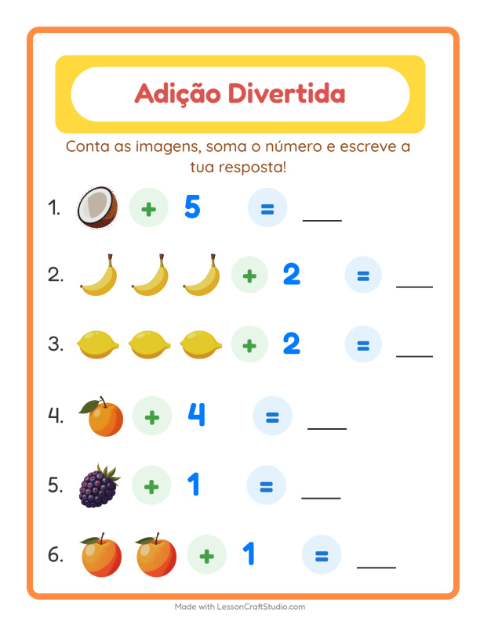 Pré-visualização da ficha de Adição com Frutas para Educação infantil (pré-escola, 5-7 anos)