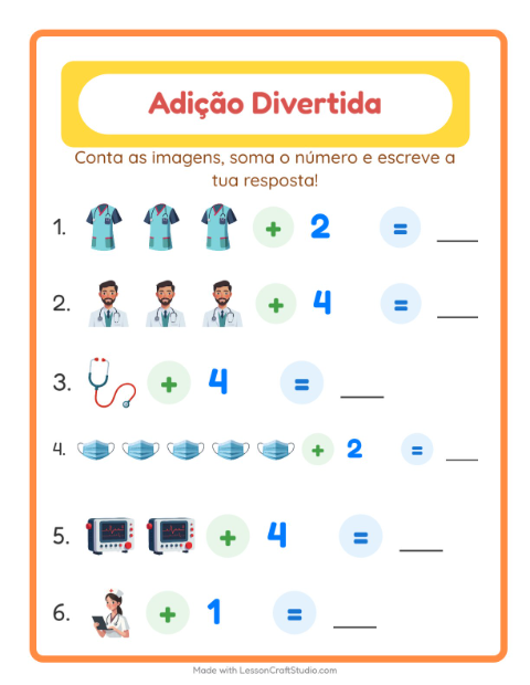 Pré-visualização da ficha de Adição com Hospital para Educação infantil (pré-escola, 5-7 anos)