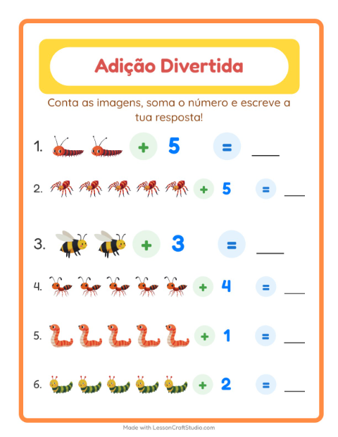 Pré-visualização da ficha de Adição com Insetos e bichos para Educação infantil (pré-escola, 5-7 anos)