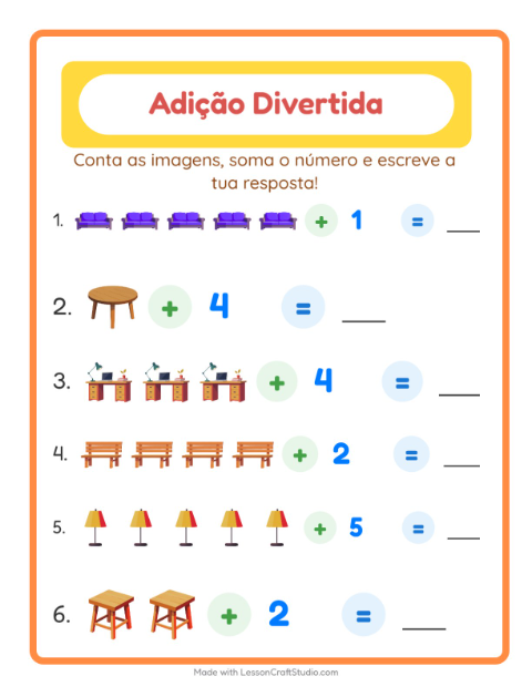 Pré-visualização da ficha de Adição com Móveis para Educação infantil (pré-escola, 5-7 anos)