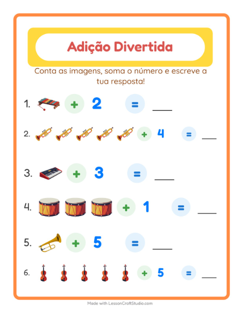 Pré-visualização da ficha de Adição com Música para Educação infantil (pré-escola, 5-7 anos)
