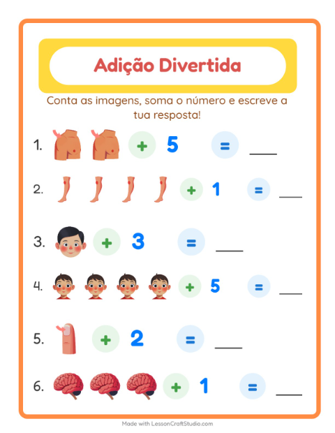 Pré-visualização da ficha de Adição com Partes do corpo para Educação infantil (pré-escola, 5-7 anos)
