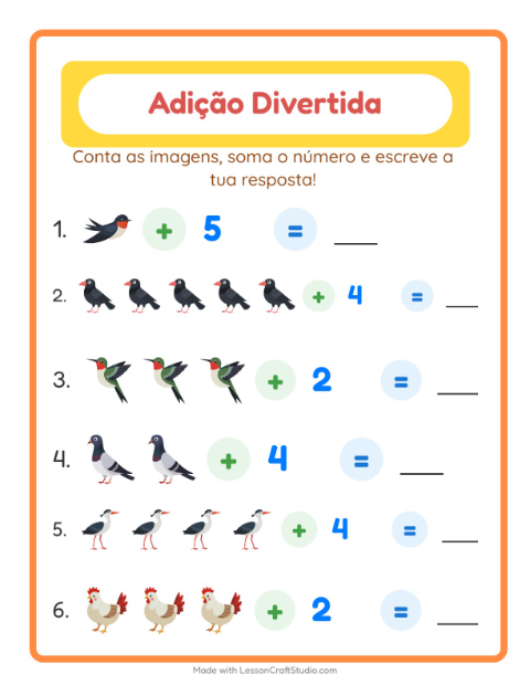 Pré-visualização da ficha de Adição com Pássaros 2 para Educação infantil (pré-escola, 5-7 anos)