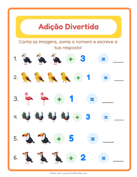 Pré-visualização da ficha de Adição com Pássaros para Educação infantil (pré-escola, 5-7 anos)