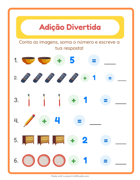 Pré-visualização da ficha de Adição com Pela casa para Educação infantil (pré-escola, 5-7 anos)