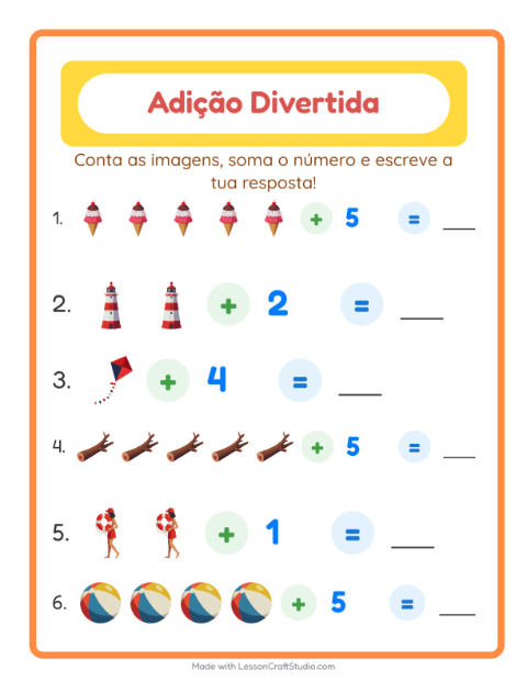 Pré-visualização da ficha de Adição com Praia para Educação infantil (pré-escola, 5-7 anos)